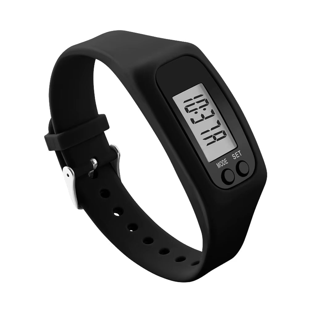 Orologio contapassi da polso con display digitale, ora e calorie, cinturino in silicone con fibbia, bianco o nero