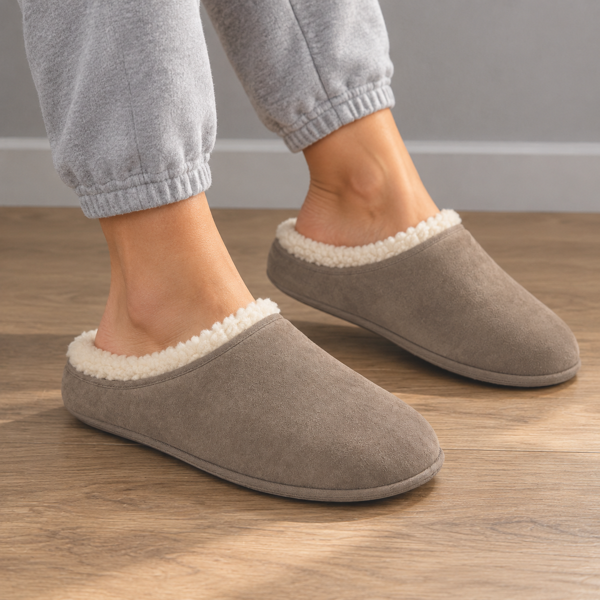 Pantofole da uomo in camoscio taupe con fodera in montone sintetico