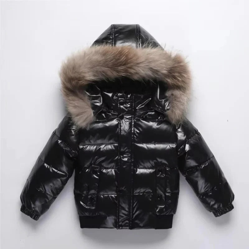 Parka Invernale Bambini con Imbottitura in Piuma, Cappuccio con Pelliccia Vera e Guscio Idrorepellente