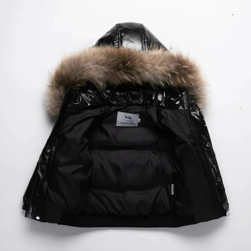 Parka Invernale Bambini con Imbottitura in Piuma, Cappuccio con Pelliccia Vera e Guscio Idrorepellente