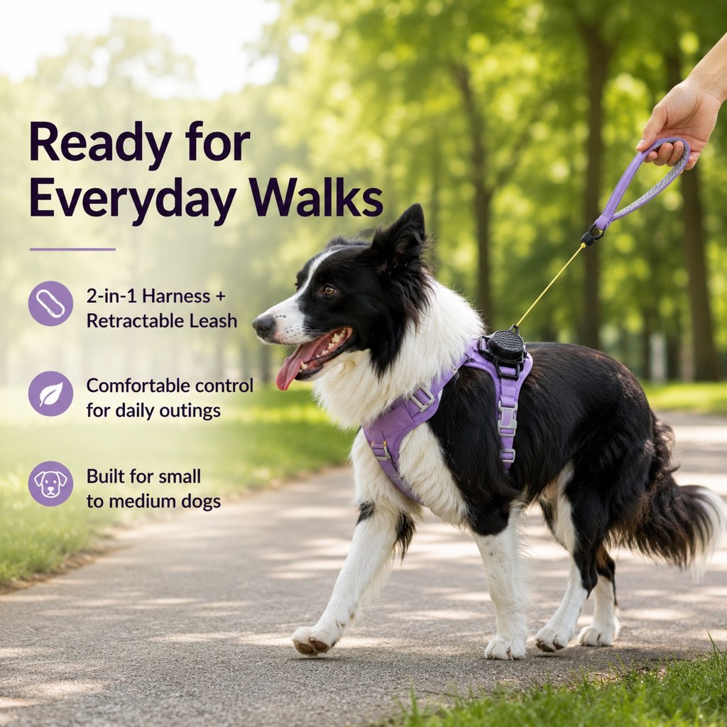 Pettorina retrattile 2 in 1 per cani con guinzaglio integrato e controllo auto-stop per cani di taglia piccola e media
