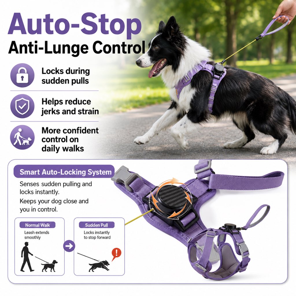 Pettorina retrattile 2 in 1 per cani con guinzaglio integrato e controllo auto-stop per cani di taglia piccola e media