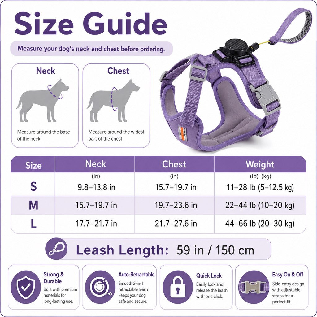 Pettorina retrattile 2 in 1 per cani con guinzaglio integrato e controllo auto-stop per cani di taglia piccola e media