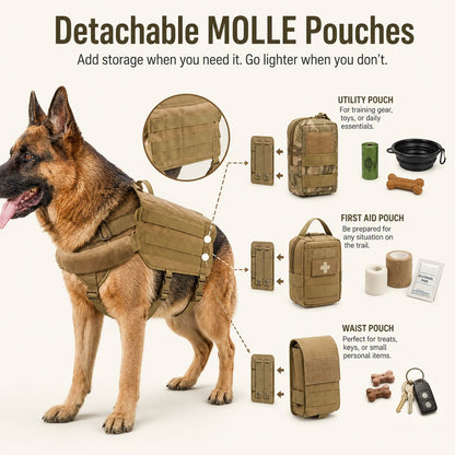 Pettorina tattica con zaino per cane per escursioni e passeggiate quotidiane – tasche rimovibili per attrezzatura e migl