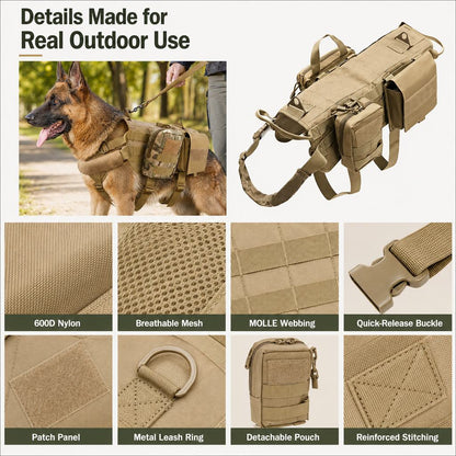 Pettorina tattica con zaino per cane per escursioni e passeggiate quotidiane – tasche rimovibili per attrezzatura e migl