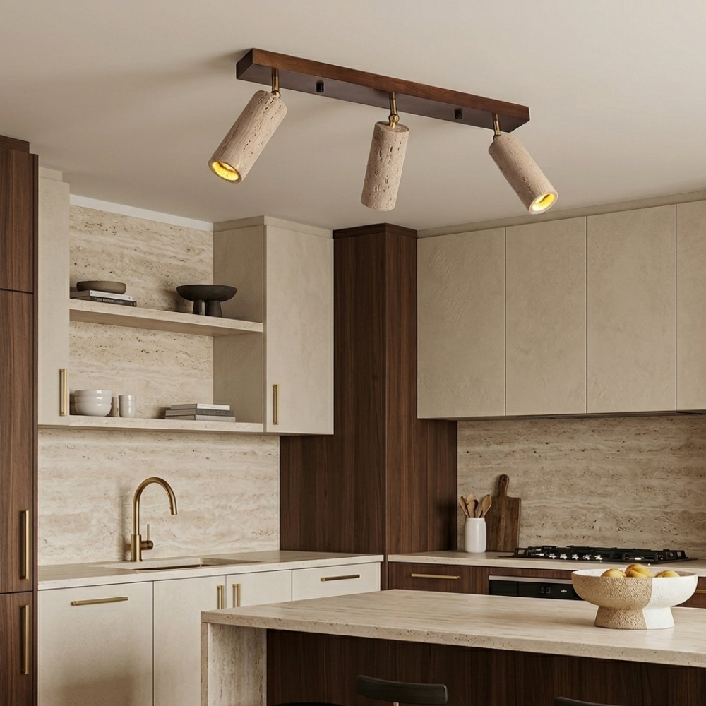 Plafoniera industriale in legno e cemento con faretti orientabili