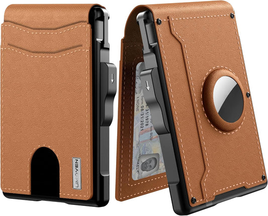 Portafoglio con tasca per AirTag in pelle con porta carte pop-up in alluminio e fermasoldi