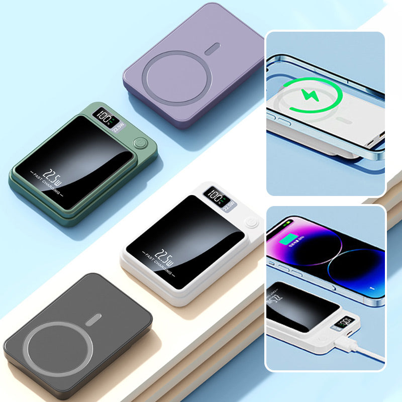 Power bank magnetico, ricarica wireless 15 W e ricarica rapida via cavo 22,5 W, display LED, 10000 o 20000 mAh, 4 colori