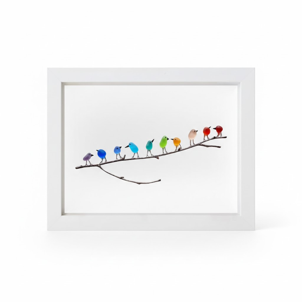 Quadro da parete con uccelli in vetro marino e legno spiaggiato stile costiero