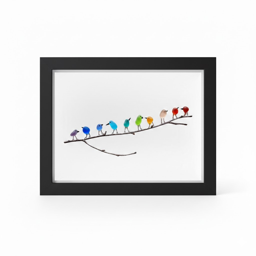 Quadro da parete con uccelli in vetro marino e legno spiaggiato stile costiero