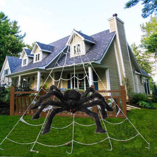 Ragnatela gigante per Halloween 700 × 550 cm con picchetti e gancio, ragno peloso nero 30 cm con occhi rossi, decorazion