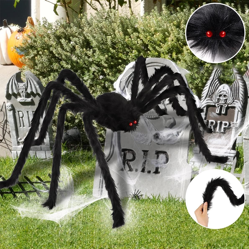 Ragnatela gigante per Halloween 700 × 550 cm con picchetti e gancio, ragno peloso nero 30 cm con occhi rossi, decorazion