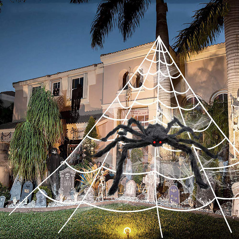 Ragnatela gigante per Halloween 700 × 550 cm con picchetti e gancio, ragno peloso nero 30 cm con occhi rossi, decorazion