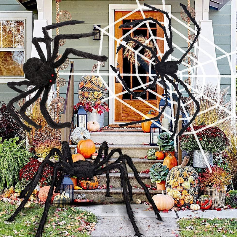 Ragnatela gigante per Halloween 700 × 550 cm con picchetti e gancio, ragno peloso nero 30 cm con occhi rossi, decorazion