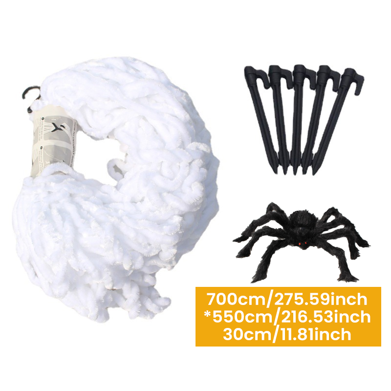 Ragnatela gigante per Halloween 700 × 550 cm con picchetti e gancio, ragno peloso nero 30 cm con occhi rossi, decorazion