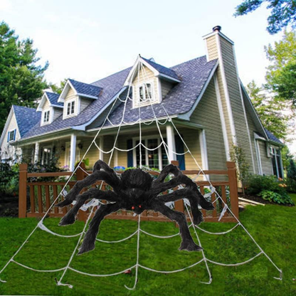 Ragnatela gigante per Halloween 700 × 550 cm con picchetti e gancio, ragno peloso nero 30 cm con occhi rossi, decorazion