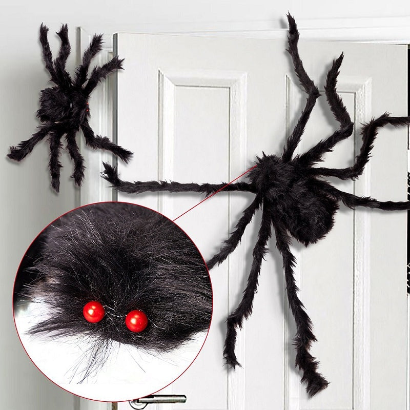 Ragno gigante di Halloween, ragno peloso nero con occhi rossi e zampe pieghevoli, decorazione Halloween per esterni e in