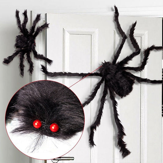 Ragno gigante di Halloween, ragno peloso nero con occhi rossi e zampe pieghevoli, decorazione Halloween per esterni e in