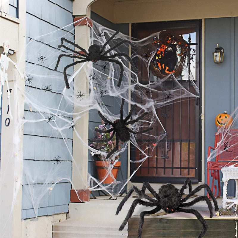 Ragno gigante di Halloween, ragno peloso nero con occhi rossi e zampe pieghevoli, decorazione Halloween per esterni e in