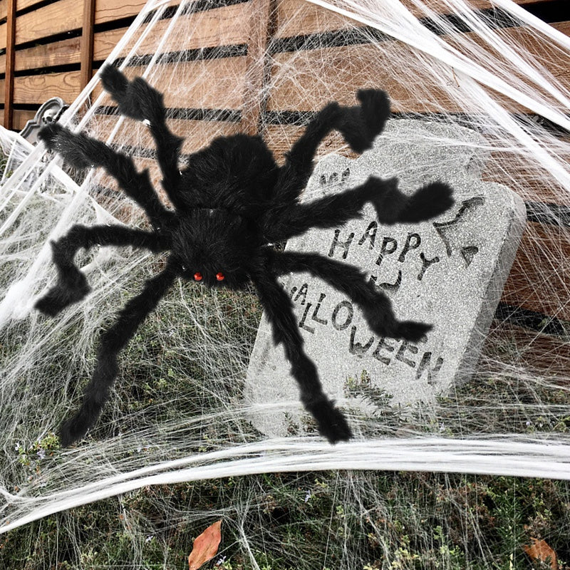 Ragno gigante di Halloween, ragno peloso nero con occhi rossi e zampe pieghevoli, decorazione Halloween per esterni e in