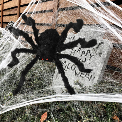 Ragno gigante di Halloween, ragno peloso nero con occhi rossi e zampe pieghevoli, decorazione Halloween per esterni e in