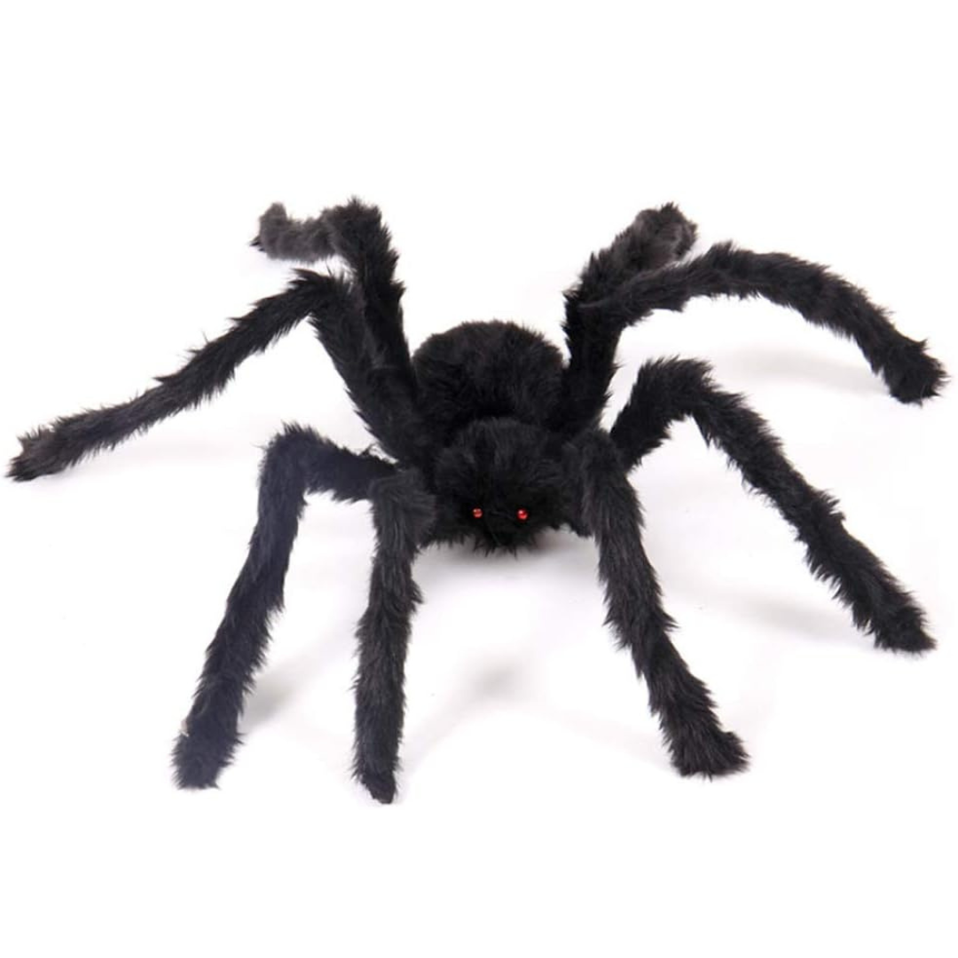 Ragno gigante di Halloween, ragno peloso nero con occhi rossi e zampe pieghevoli, decorazione Halloween per esterni e in