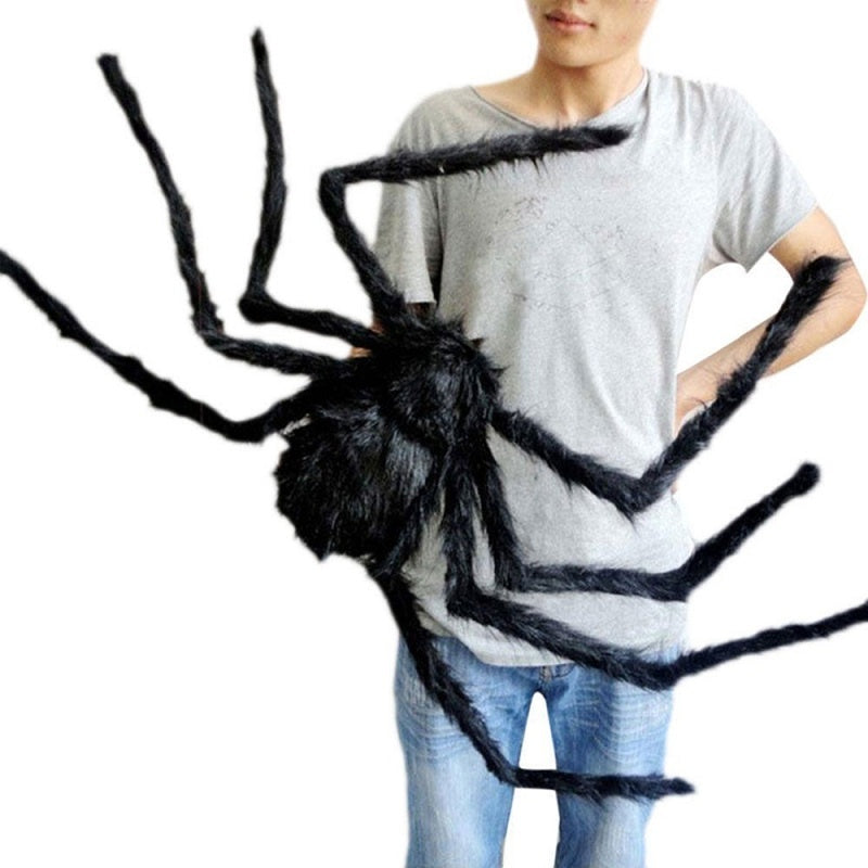 Ragno gigante di Halloween, ragno peloso nero con occhi rossi e zampe pieghevoli, decorazione Halloween per esterni e in