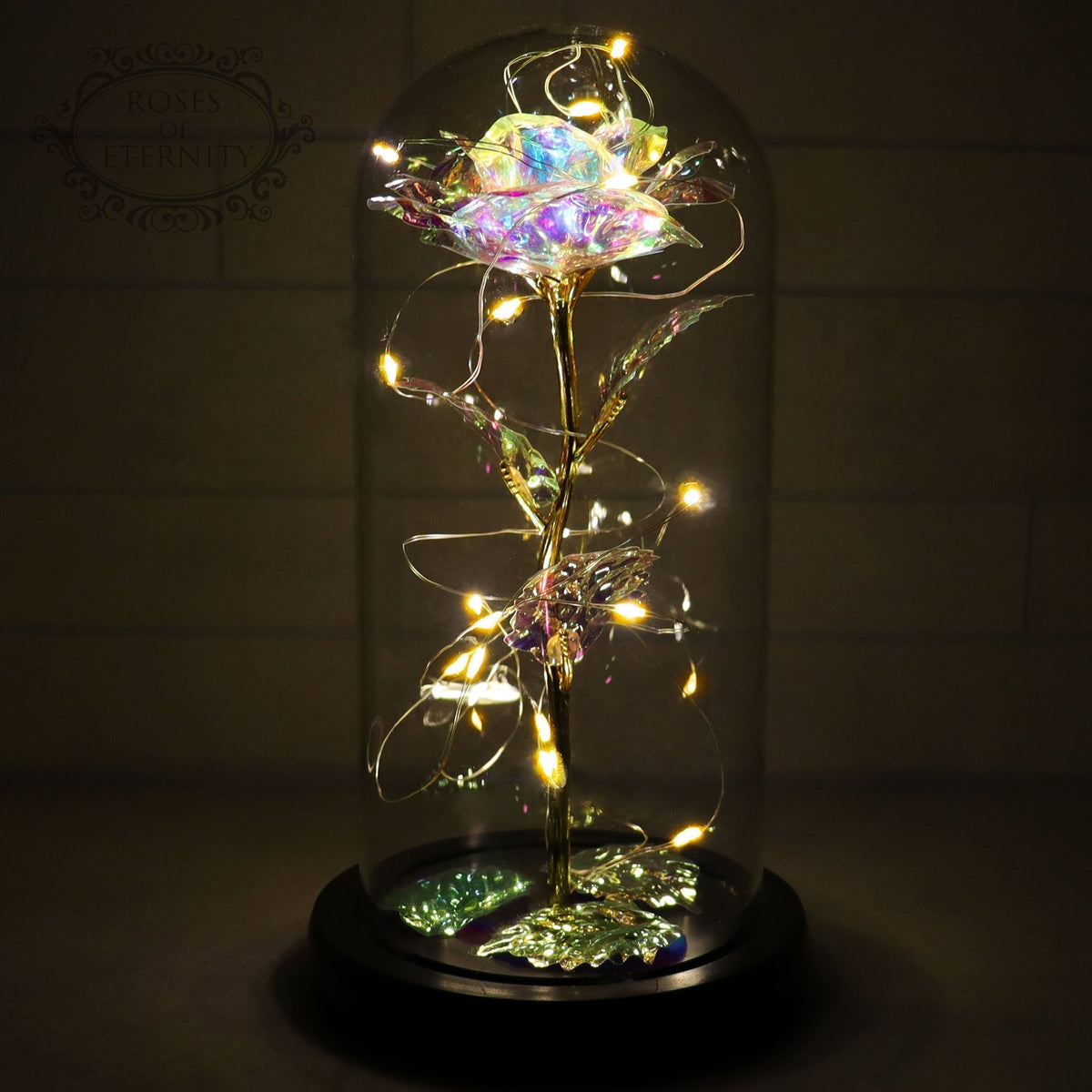 Rosa eterna – Rosa dorata in cupola di vetro con illuminazione LED