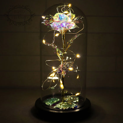 Rosa eterna – Rosa dorata in cupola di vetro con illuminazione LED