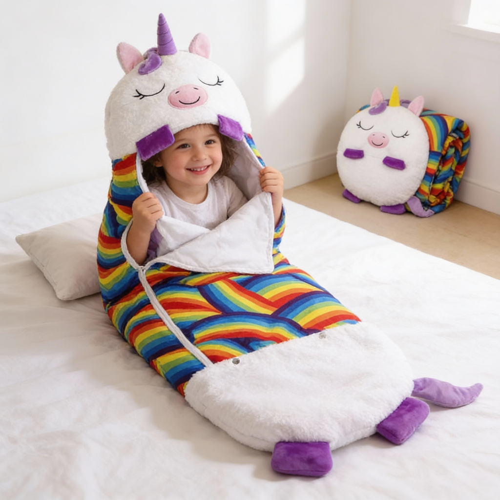 Sacco a pelo per bambini leggero con cappuccio e cuscino pieghevole integrato