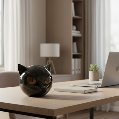 Scultura NoirCat – Testa di gatto nero con occhi ipnotici