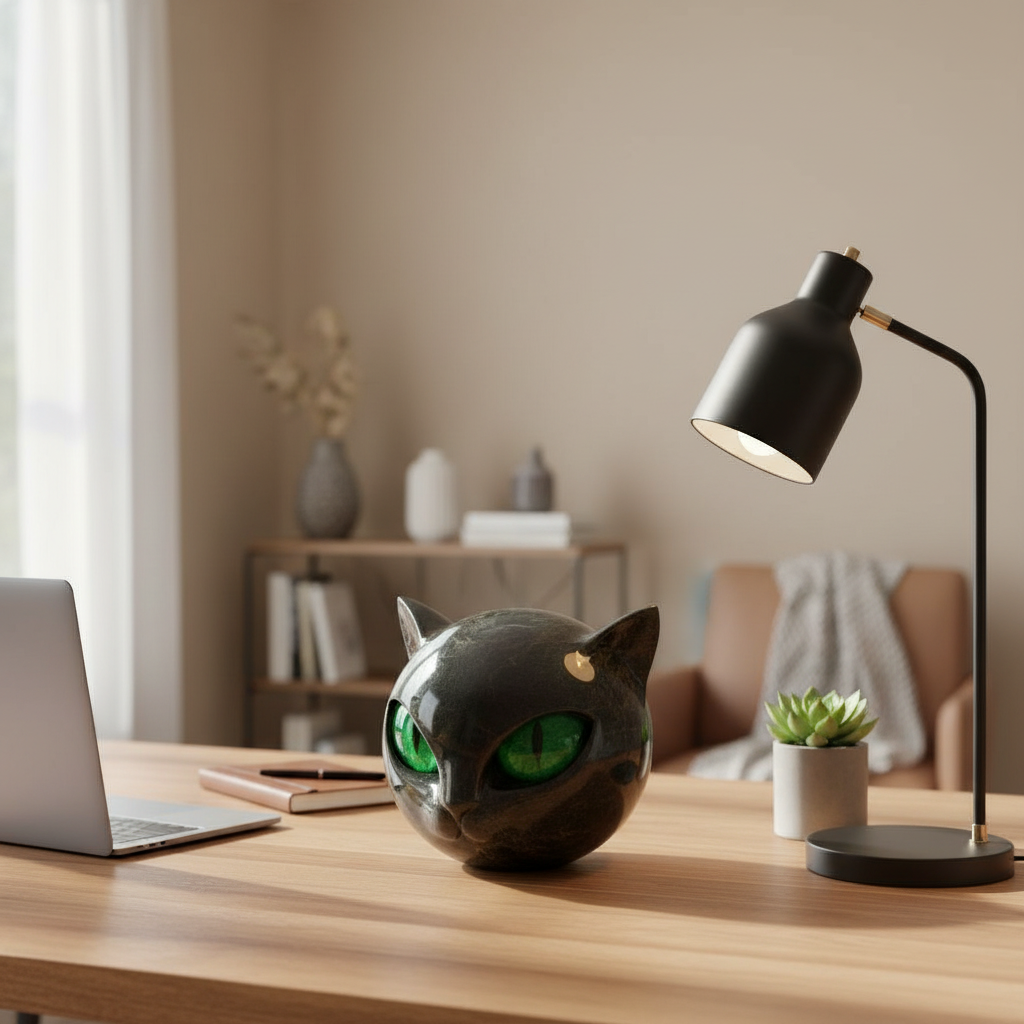 Scultura NoirCat – Testa di gatto nero con occhi ipnotici
