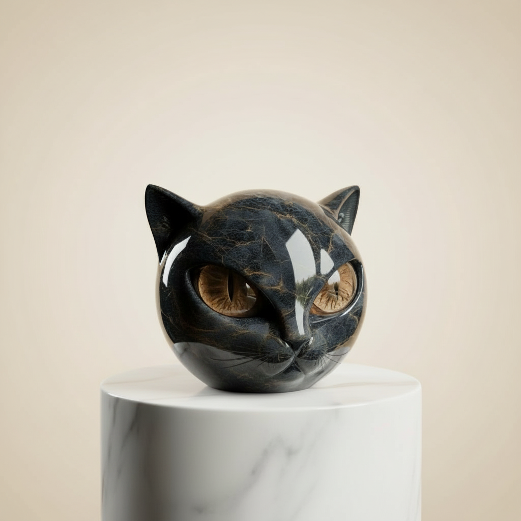 Scultura NoirCat – Testa di gatto nero con occhi ipnotici