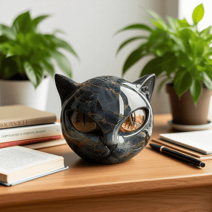 Scultura NoirCat – Testa di gatto nero con occhi ipnotici