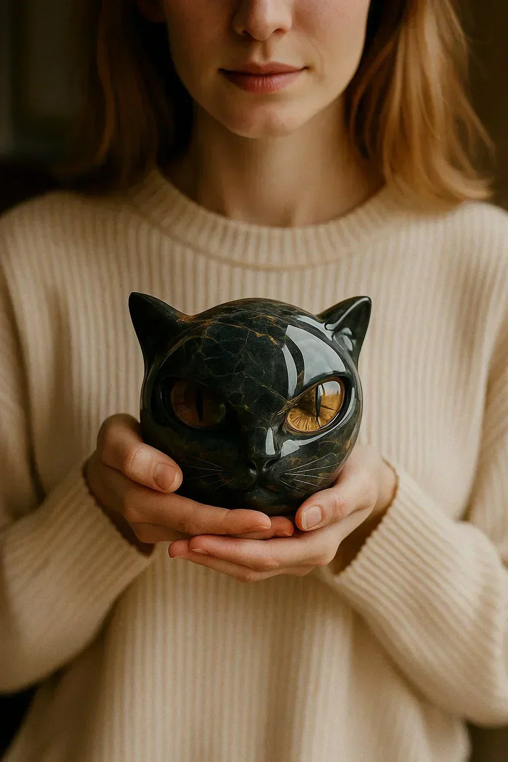 Scultura NoirCat – Testa di gatto nero con occhi ipnotici