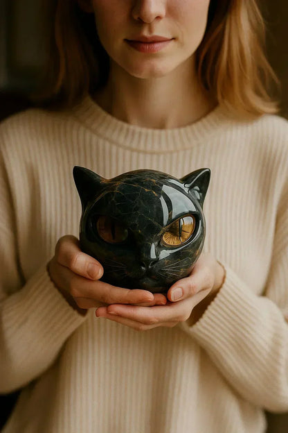 Scultura NoirCat – Testa di gatto nero con occhi ipnotici
