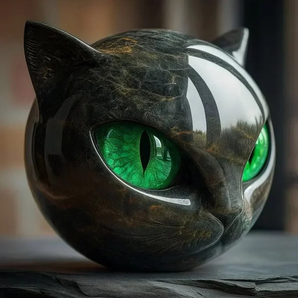 Scultura NoirCat – Testa di gatto nero con occhi ipnotici
