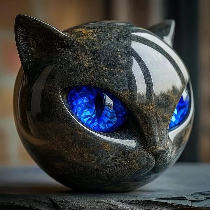 Scultura NoirCat – Testa di gatto nero con occhi ipnotici