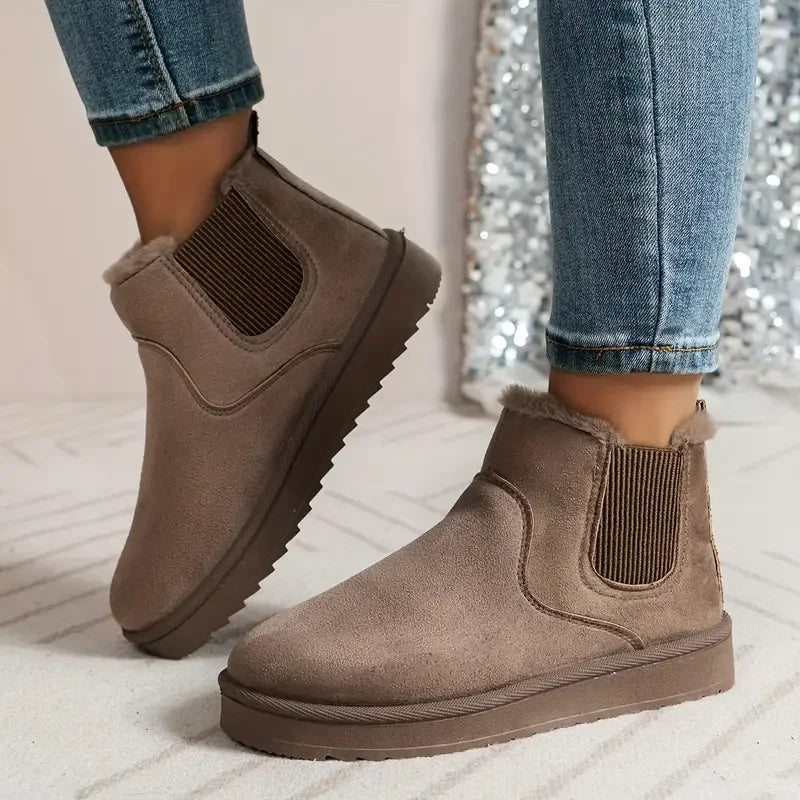 Stivaletti da donna foderati in pelliccia ecologica, scamosciato sintetico, elastici laterali e suola chunky, 5 colori, 