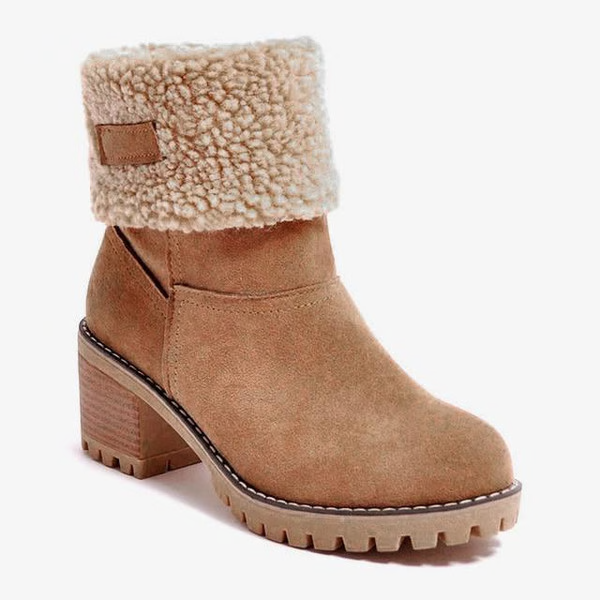 Stivali da neve da donna, stivali invernali impermeabili con tacco a blocco, stivaletti in pelle con bordi in pelliccia 