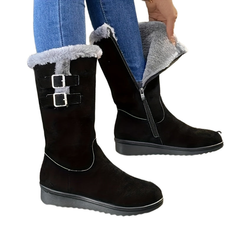Stivali invernali da donna con pelliccia, zip laterale, doppia fibbia e suola antiscivolo, 3 colori, taglie EU 35-41