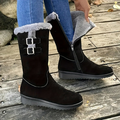 Stivali invernali da donna con pelliccia, zip laterale, doppia fibbia e suola antiscivolo, 3 colori, taglie EU 35-41