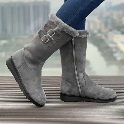 Stivali invernali da donna con pelliccia, zip laterale, doppia fibbia e suola antiscivolo, 3 colori, taglie EU 35-41