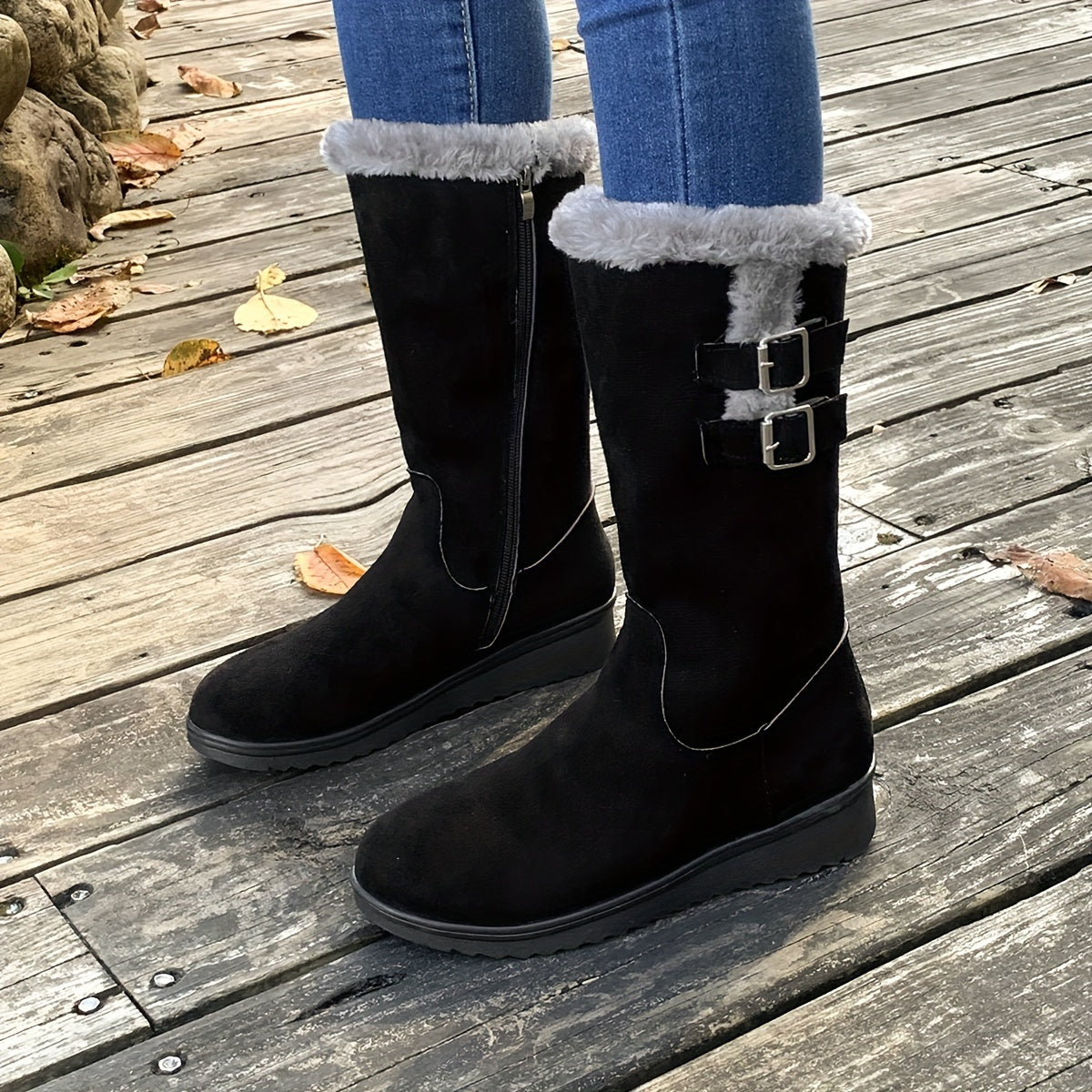 Stivali invernali da donna con pelliccia, zip laterale, doppia fibbia e suola antiscivolo, 3 colori, taglie EU 35-41
