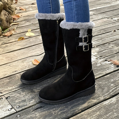 Stivali invernali da donna con pelliccia, zip laterale, doppia fibbia e suola antiscivolo, 3 colori, taglie EU 35-41