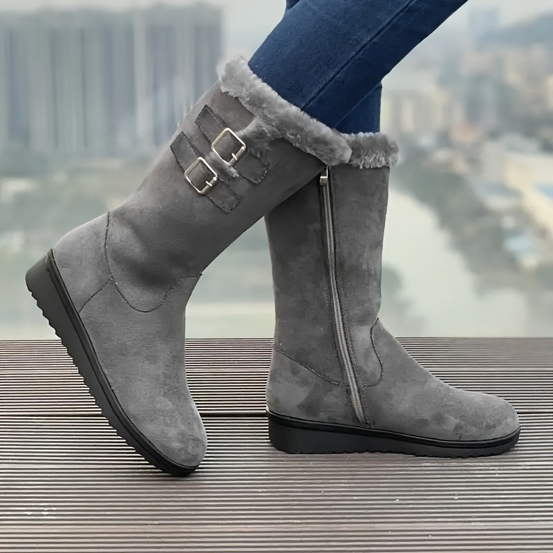 Stivali invernali da donna con pelliccia, zip laterale, doppia fibbia e suola antiscivolo, 3 colori, taglie EU 35-41