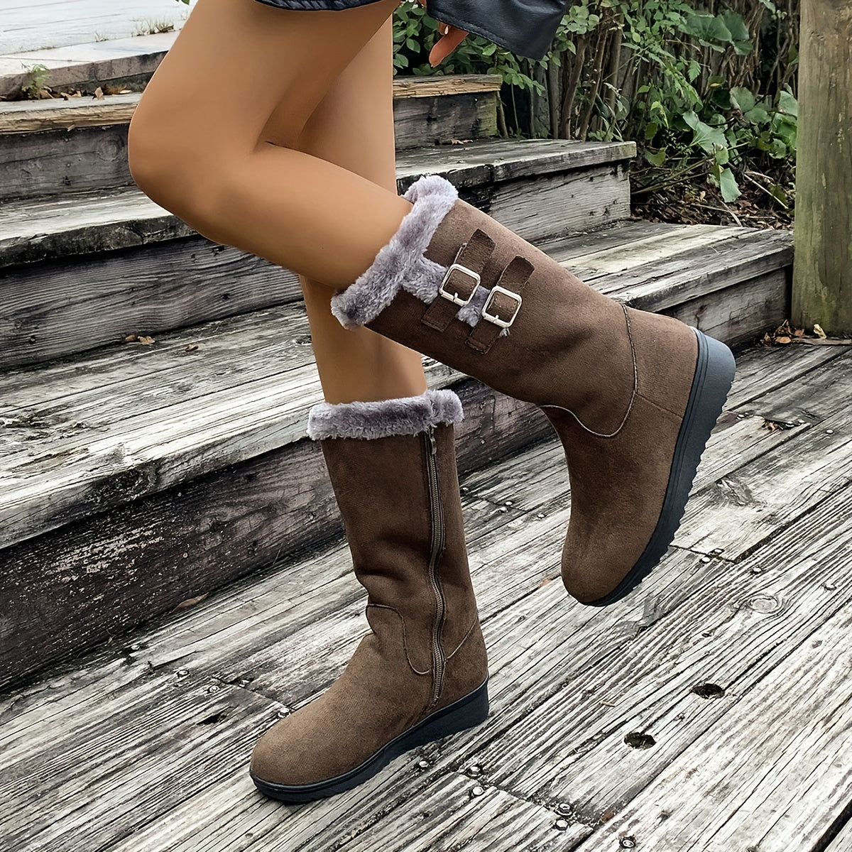 Stivali invernali da donna con pelliccia, zip laterale, doppia fibbia e suola antiscivolo, 3 colori, taglie EU 35-41