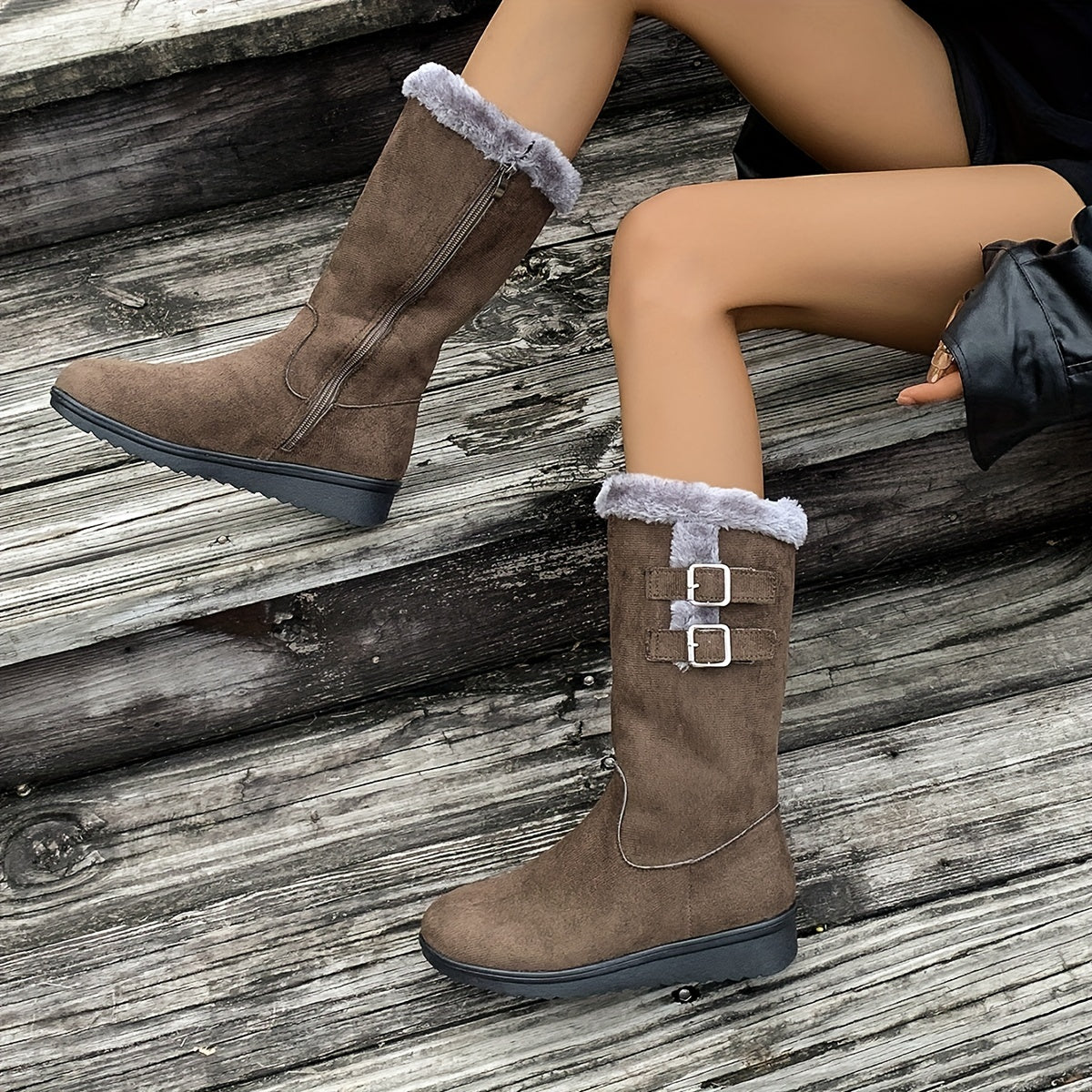 Stivali invernali da donna con pelliccia, zip laterale, doppia fibbia e suola antiscivolo, 3 colori, taglie EU 35-41