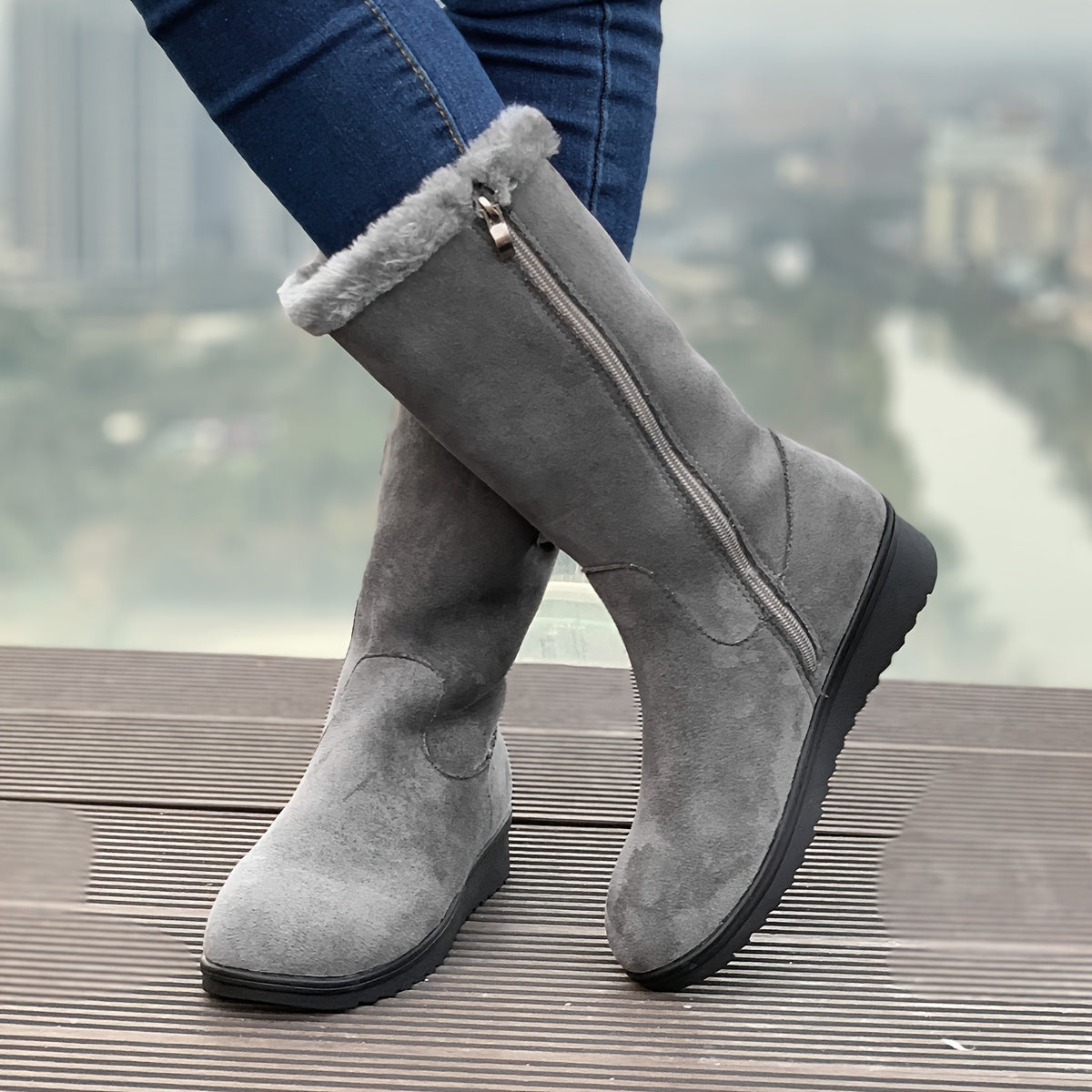 Stivali invernali da donna con pelliccia, zip laterale, doppia fibbia e suola antiscivolo, 3 colori, taglie EU 35-41