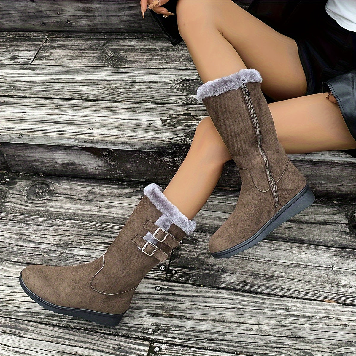 Stivali invernali da donna con pelliccia, zip laterale, doppia fibbia e suola antiscivolo, 3 colori, taglie EU 35-41